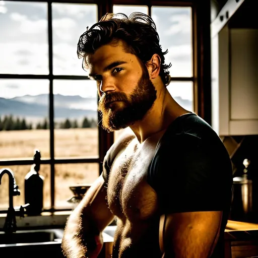 Prompt: A chiseled, stoic lumberjack confidently posing in a way that resembles a Greek god, in the rustic kitchen, captured like Ansel Adams, through a wide-angle lens, in a 4:3 aspect ratio, bathed in the warm glow of afternoon sunlight, portraying 4K ultra-realistic, life-like maximum beauty, during the golden hour, with a long exposure.