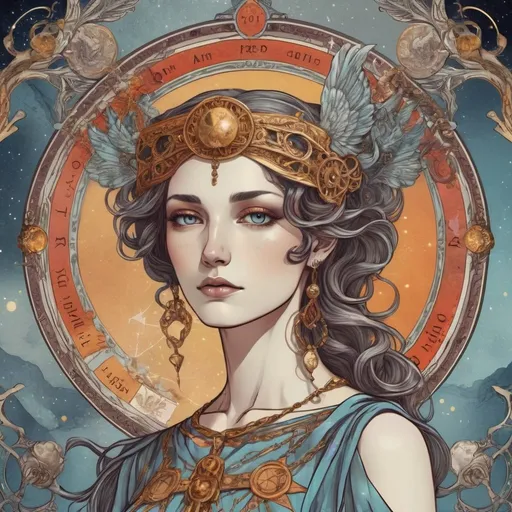 Prompt: In the year 1703, Gemini goddess encompassing an intricate domain with Tarot inspired occult overtones and blending of hand-drawn energies and artistic 2D textures, detailed animation captivating high definition capturing glamorous emotions and mysticism