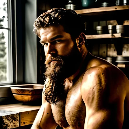 Prompt: A chiseled, stoic lumberjack confidently posing in a way that resembles a Greek god, in the rustic kitchen, captured like Ansel Adams, through a wide-angle lens, in a 4:3 aspect ratio, bathed in the warm glow of afternoon sunlight, portraying 4K ultra-realistic, life-like maximum beauty, during the golden hour, with a long exposure.