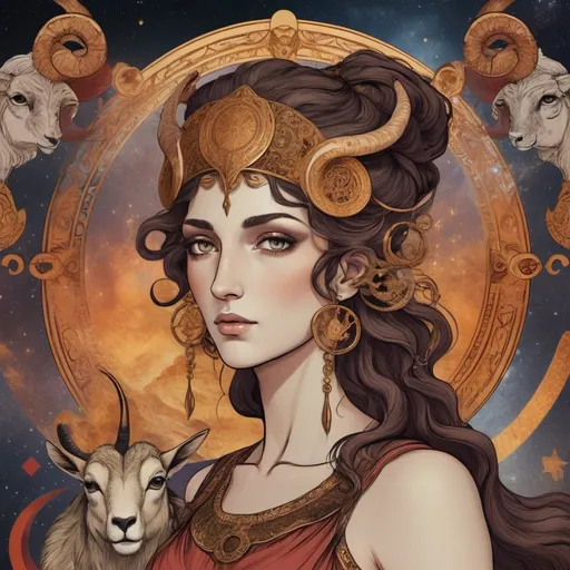 Prompt: In the year 1650BC, Aries goddess encompassing a intricate domain with Tarot inspired overtones and blending of hand-drawn energies and artistic 2D textures, detailed animation captivating high definition capturing glamorous emotions and mystery