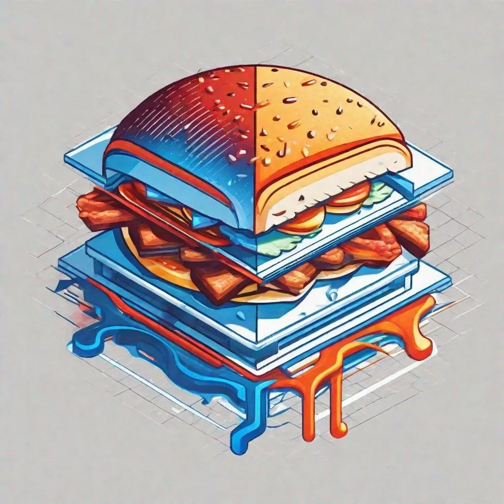 Prompt: an isometric high-contrast logo design that shows each layer and component split out horizontally of a single hamburger, colorful technical blueprint design with a contrasting white background containing a splash of blue, concept art pop style