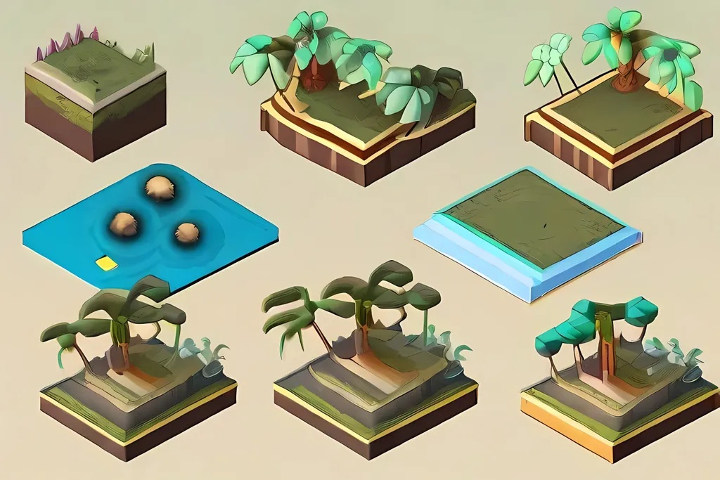 Prompt: an isometric blueprint of a videogame-like depiction of layers of a tropical miniature world, multiple layers and slices overlaid on top of each other showing how everything connects together, logo style on plain background, artistic and creative high detail style