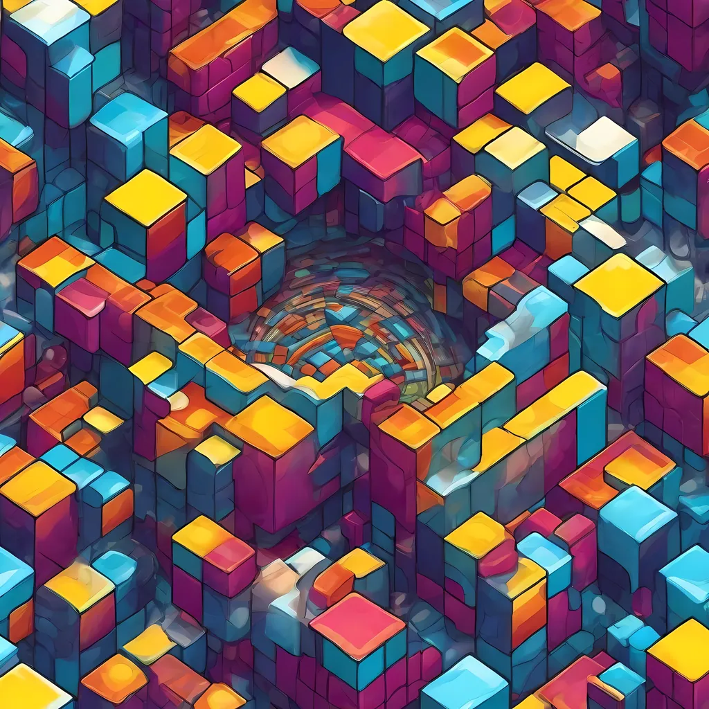 Prompt: a 3 dimensional rubiks cube like structure with a liquid-like texture that is a multilayered labyrinth with stairs arches and tunnels and criss-crossing paths, isometric view, comic book art, colourful logo design, fantasy art