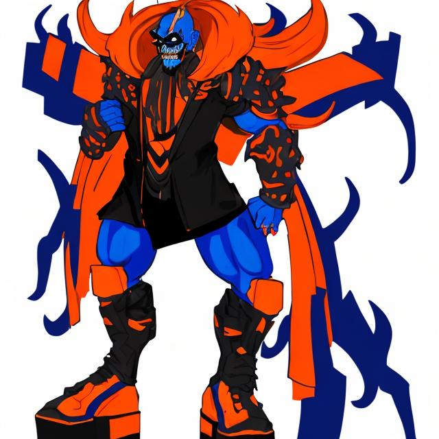 Prompt: orange and blue bad guy full body