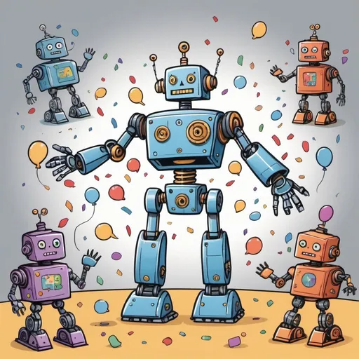 Prompt: Draw a robot with open arms. Around the robot, depict smaller figures.

In the background, show gears or circuits Add speech bubbles 

Include confetti