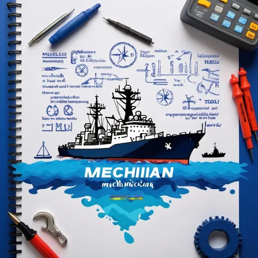 Prompt: I want to design a word “MECHNICIAN” with indian navy anchor at background with blue water and few ships at corners of size less than the anchor. Make the word graphical with italic design. Have images of tools in small shape scattered all over the image along with a multimeter. Have correct spelling of the word and fill it with vibrant colours