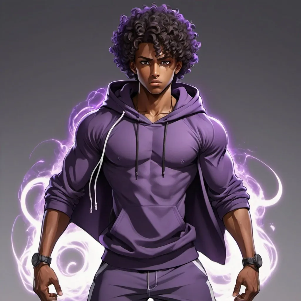 Prompt: somali Male Black anime character with purple powers and medium length curly hair with a hoodie lightskin fullbody muscular powerful