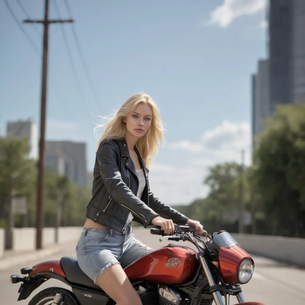 Prompt: a tall young blonde woman riding a motorcycle, whole body, detailed clothing, realistic, natural lighting