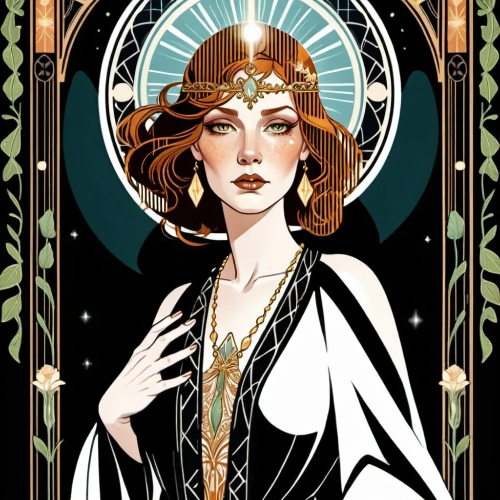Prompt: tarot card art deco illustration, a caramel-haired woman, detailed ornate cloth robe, dramatic lighting, piercing eyes, botanicals, breath