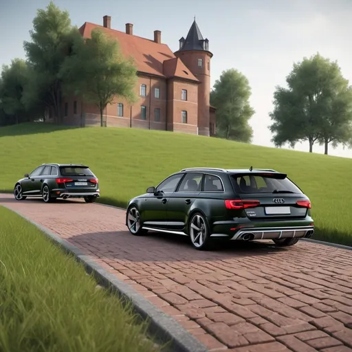 Prompt: four black audi rs4 avant car parked on a brick road next to a grassy field and a hill behind it with a green grass area, Dahlov Ipcar, photorealism, foto realistic, a 3D render