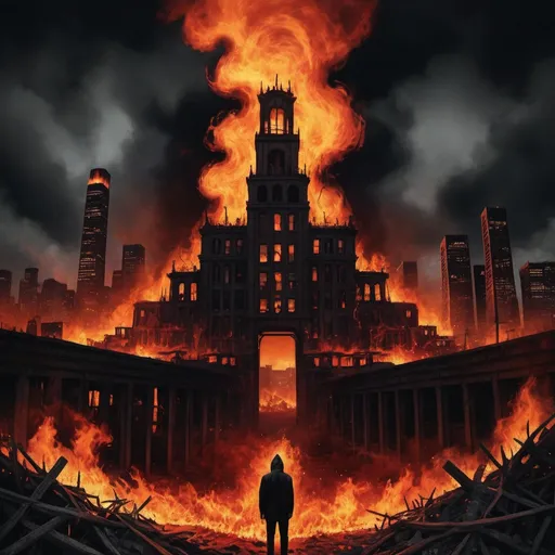 Prompt: Inferno-themed album cover inspired by Twenty One Pilots lore, intense fire and brimstone, surreal and dreamlike, high-contrast, digital art, intense flames, dark shadows, intricate symbolism, apocalyptic cityscape, detailed and haunting, high quality, surrealism, dark tones, digital art, intense inferno, symbolic imagery, apocalyptic, intense contrast, haunting, dreamlike, detailed art, album cover, urban decay