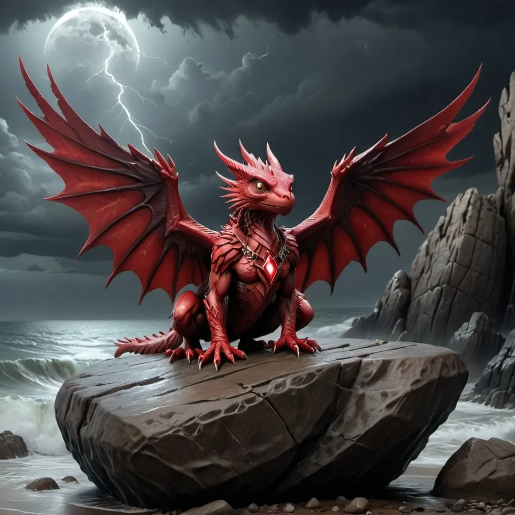 Prompt: 3D Digital, Outside, in winter, at night, with stormy weather, Thviyan, A creature, small size with two wings and a long tail, wearing a shiny red necklace. Sits atop a large stone rock, crying eerily and looking up to the sky, The stone rock overlooks a raging sea.