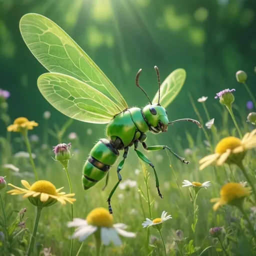 Prompt: 跳跃的大蚂蚱, (dynamic motion), vibrant green hues, detailed insect features, (highly detailed), a lively meadow background with wildflowers, (realistic textures), bright sunlight illuminating the scene, capturing the essence of movement and energy, serene atmosphere, lively summer day, (4K quality), whimsical and enchanting ambiance.