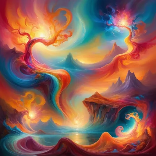 Prompt: (vibrant colors) (surrealism style), abstract imagery representing unfathomable emotions, flowing shapes intertwining harmoniously, glowing light radiating warmth, imaginative landscapes blending fantasy with reality, ethereal connection symbolizing unconditional love, dreamlike atmosphere, high depth, ultra-detailed, evoke feelings of joy and serenity.