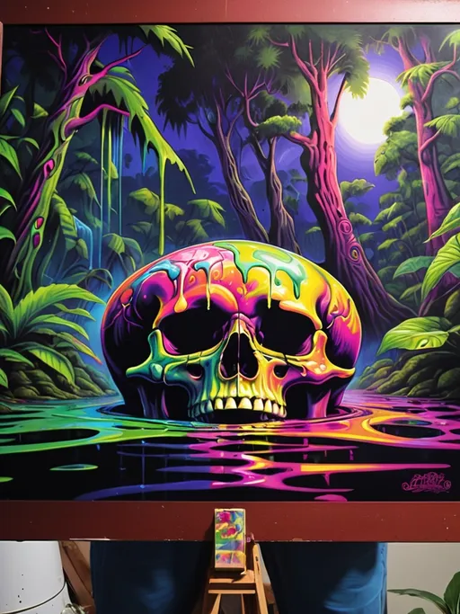 Prompt: psychedelic print skull, jungle, melting, concert poster, trick of the eye painting