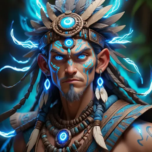 Prompt: (shaman with electric blue eyes), anime style, vibrant color scheme, highly detailed character design, dynamic pose, mystical aura, glowing elements, intricate accessory design, rich backgrounds, (expressive facial features), HD, cinematic lighting, fantastical elements, imaginative atmosphere, ethereal vibes.