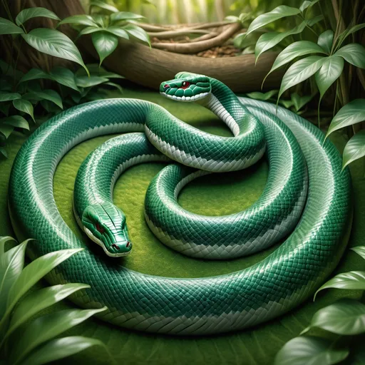 Prompt: photorealistic, (vibrant color scheme), serene scene, 100 cobras in meditation, coiled gracefully, intricate scale textures, tranquil atmosphere, lush green background, soft sunlight filtering through leaves, ultra-detailed, peaceful vibe, highlighting harmonious coexistence, captivating composition, smooth gradients, high definition, nature's beauty, reflecting calmness and focus, dynamic arrangement of serpents.