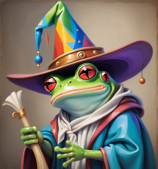 Prompt: Frog wearing a wizard hat, Picasso style,