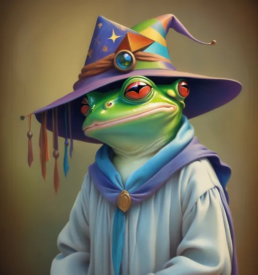 Prompt: Frog wearing a wizard hat, Picasso style,