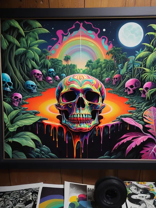 Prompt: psychedelic print skull, jungle, melting, concert poster, trick of the eye painting