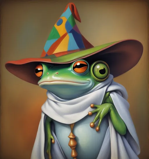 Prompt: Frog wearing a wizard hat, Picasso style,