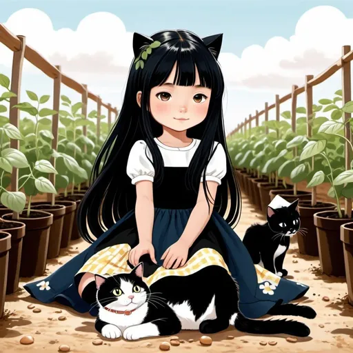 Prompt: A little girl named Yuki (has long black hair with a dress on, is also Jappense) is laying in her family's bean farm with her pet cat named Brownie (colored black) mid cartoon themed