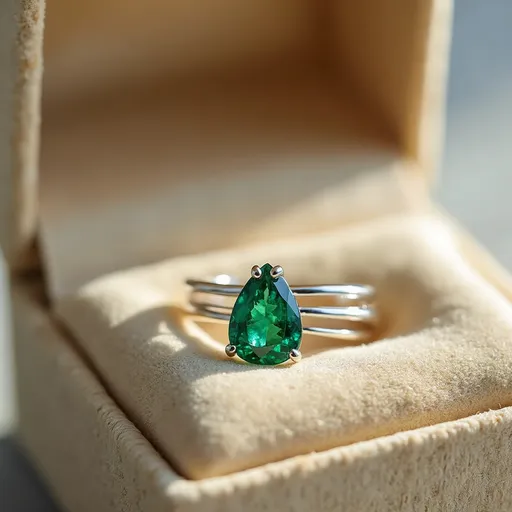 Prompt: Nestled in a plush, beige velvet box, a delicate silver ring catches the light with its shimmering bands, which split elegantly before culminating in a charming pear-shaped green stone that appears to be an emerald. The gem sparkles with a rich, vibrant hue, its facets catching glimmers of light, suggesting both depth and clarity. The smooth, polished metal contrasts beautifully with the organic shape of the stone, highlighting the ring's refined, yet understated design. The soft satin lining of the box and the gentle curve of the ring evoke a sense of intimacy and care, promising a special token of affection or a cherished keepsake. This image radiates elegance and simplicity, conveying the beauty of nature captured in jewelry artistry.