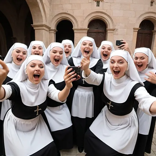 Prompt: please make a wide shot image of a group of nuns dancing wildly and taking selfies

