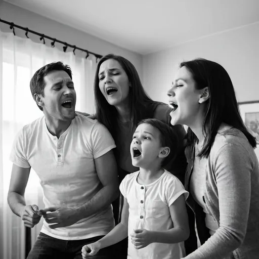 Prompt: A family is singing in the house, black and white