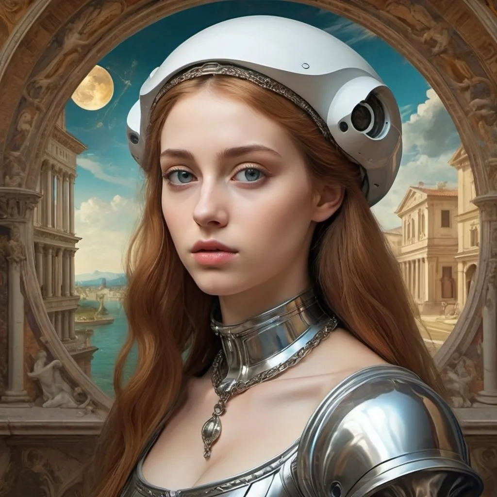 Prompt: Design a piece of digital artwork that combines elements of Renaissance art with futuristic themes
