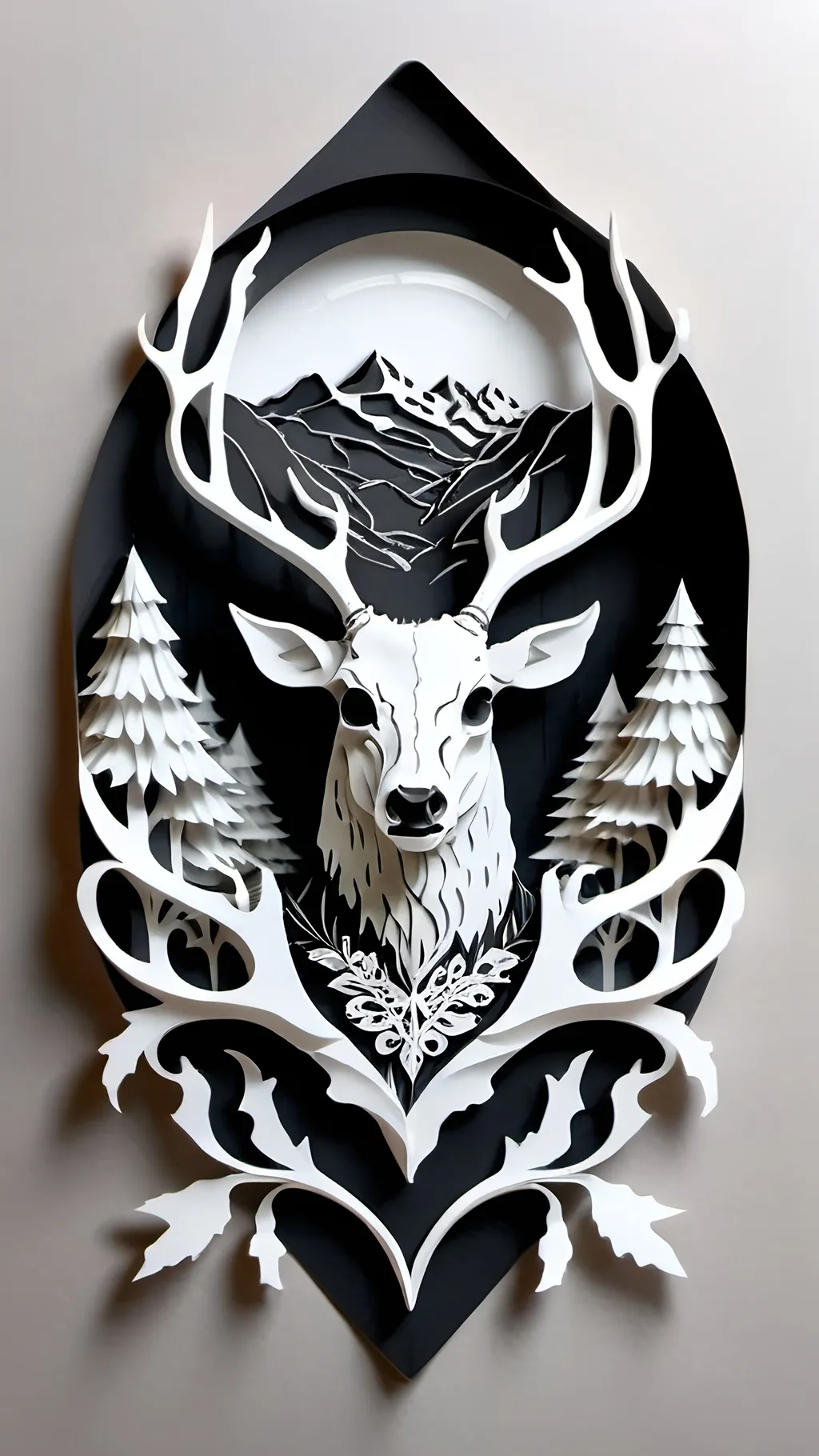 Prompt: black and white, a dark vintage demon deer skull, winter, mountains, ornament