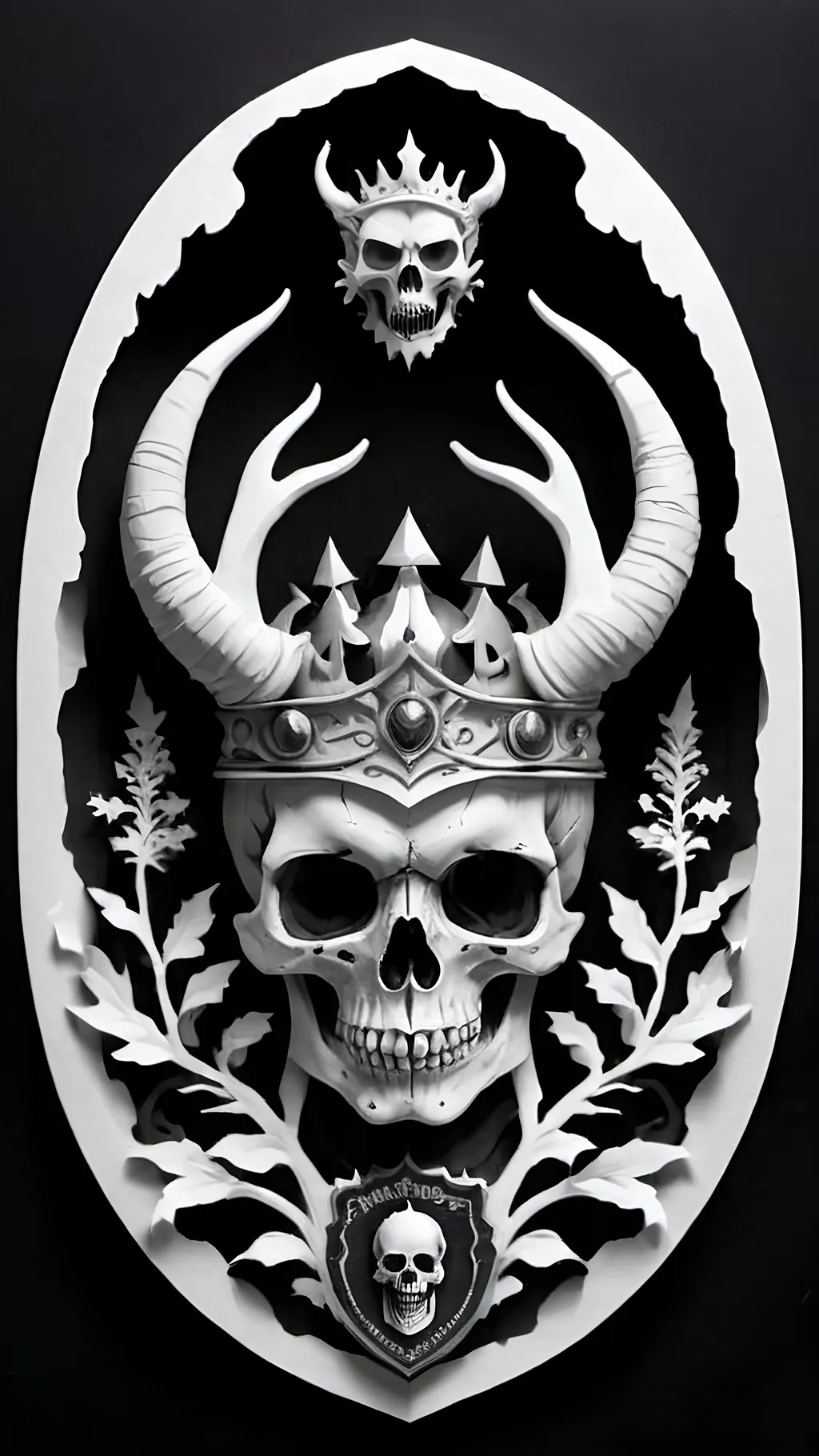 Prompt: black and white, a dark vintage demon skull king, family crest, royal, winter