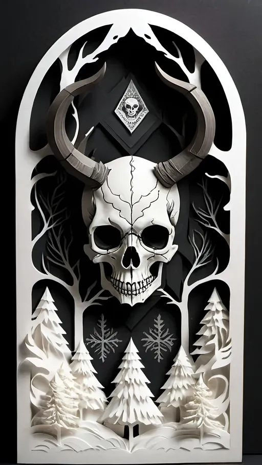 Prompt: black and white, a dark vintage demon skull, crest, winter