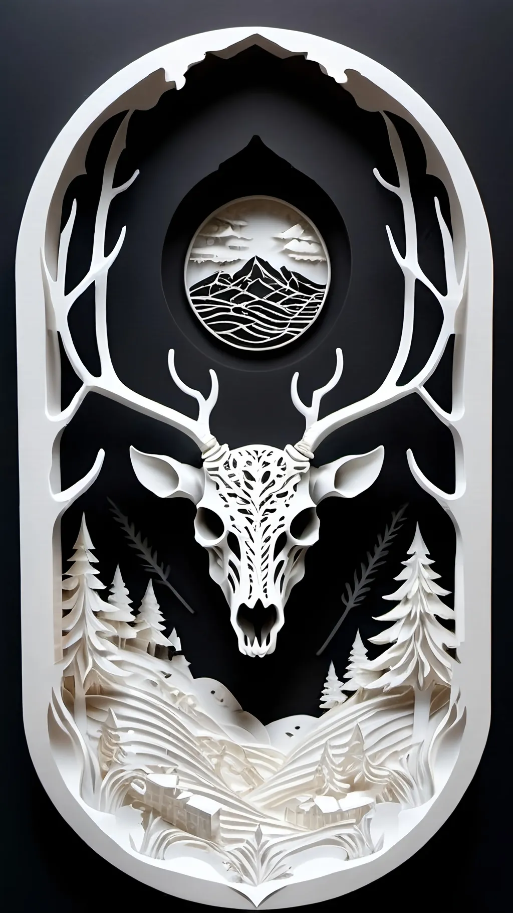 Prompt: black and white, a dark vintage demon deer skull, winter, mountains, ornament