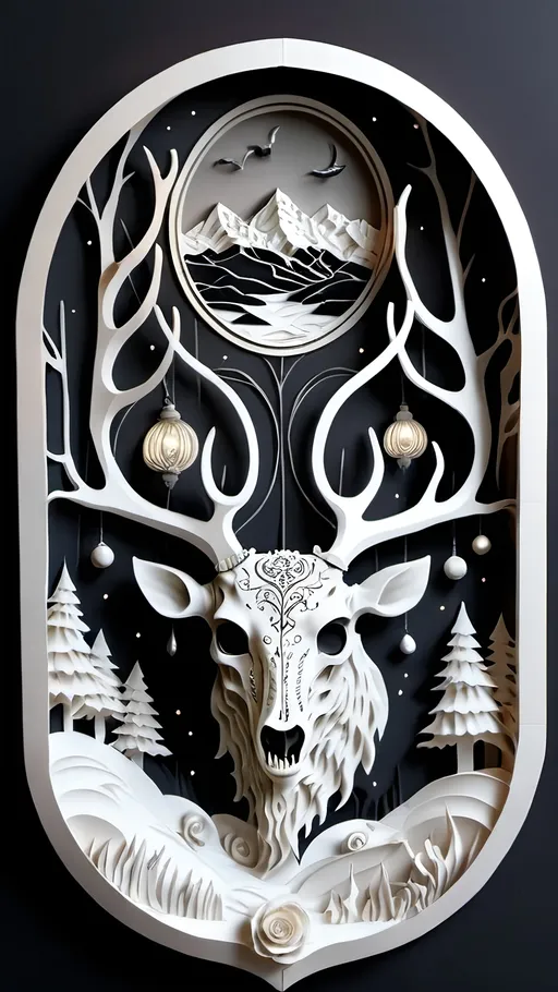 Prompt: black and white, a dark vintage demon deer skull, winter, mountains, ornament