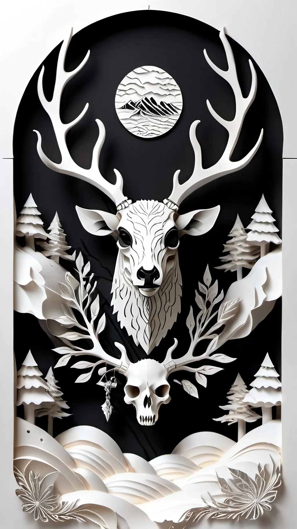 Prompt: black and white, a dark vintage demon deer skull, winter, mountains, ornamental