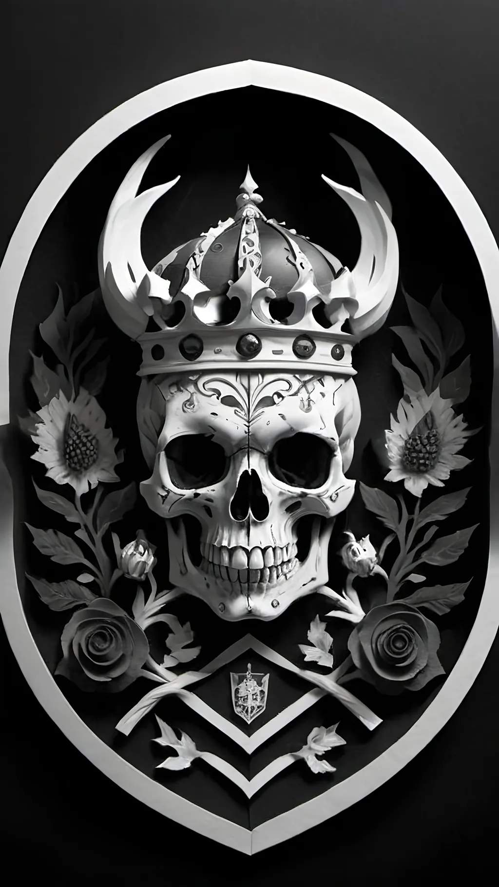 Prompt: black and white, a dark vintage demon skull king, family crest, royal