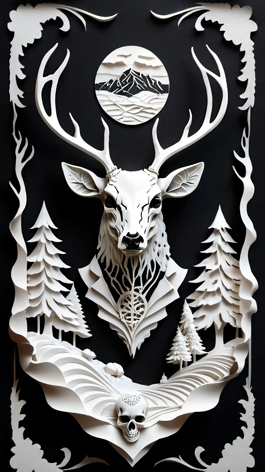 Prompt: black and white, a dark vintage demon deer skull, winter, mountains, ornamental