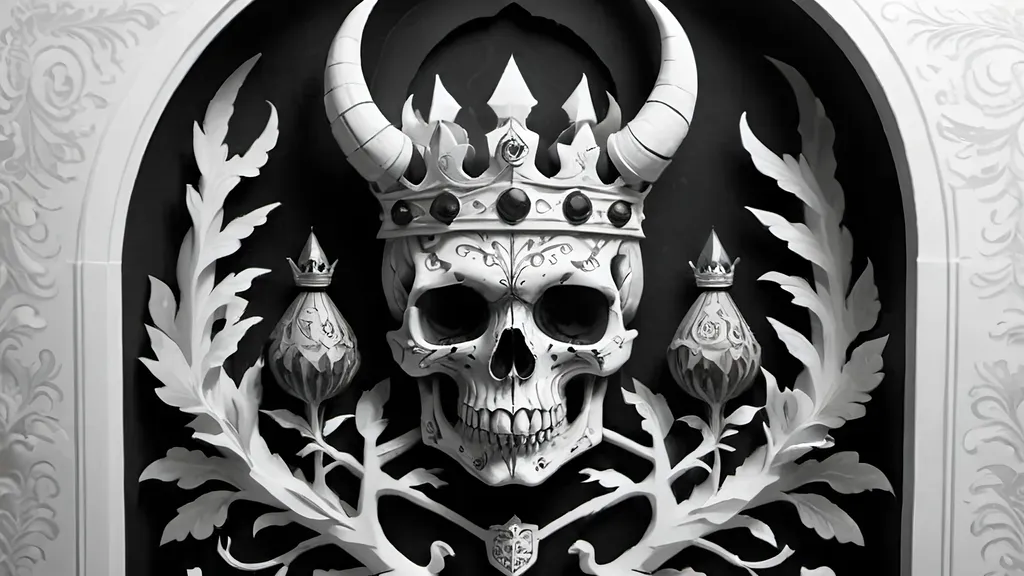 Prompt: black and white, a dark vintage demon skull king, family crest, royal