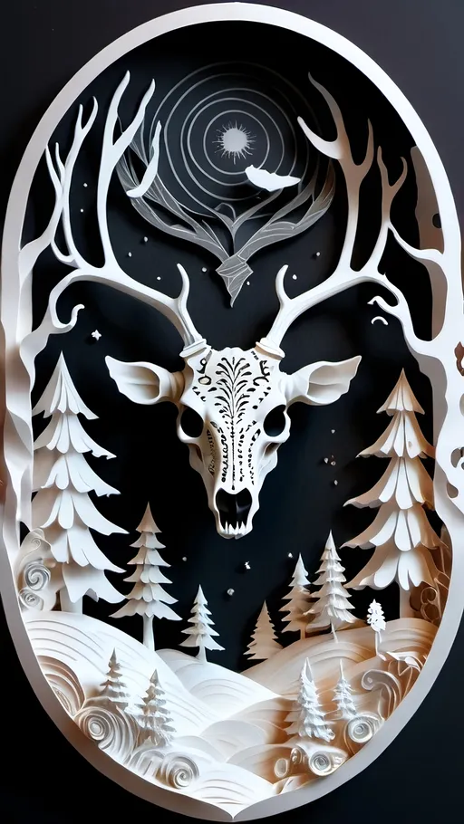 Prompt: black and white, a dark vintage demon deer skull, winter, mountains, ornament