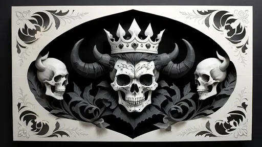 Prompt: black and white, a dark vintage demon skull king, family crest, royal