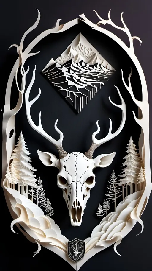 Prompt: black and white, a dark vintage demon deer skull, crest, winter, mountains, ornament