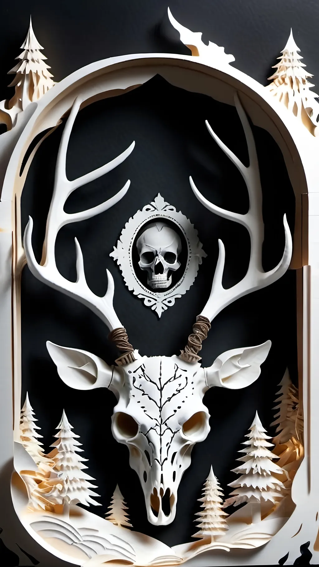 Prompt: black and white, a dark vintage demon deer skull, winter, mountains, ornament