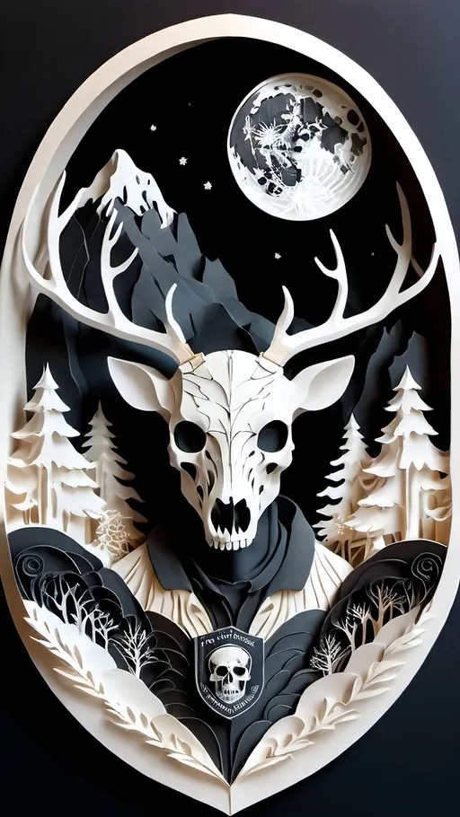 Prompt: black and white, a dark vintage demon skull, crest, winter, mountains, moon, deer