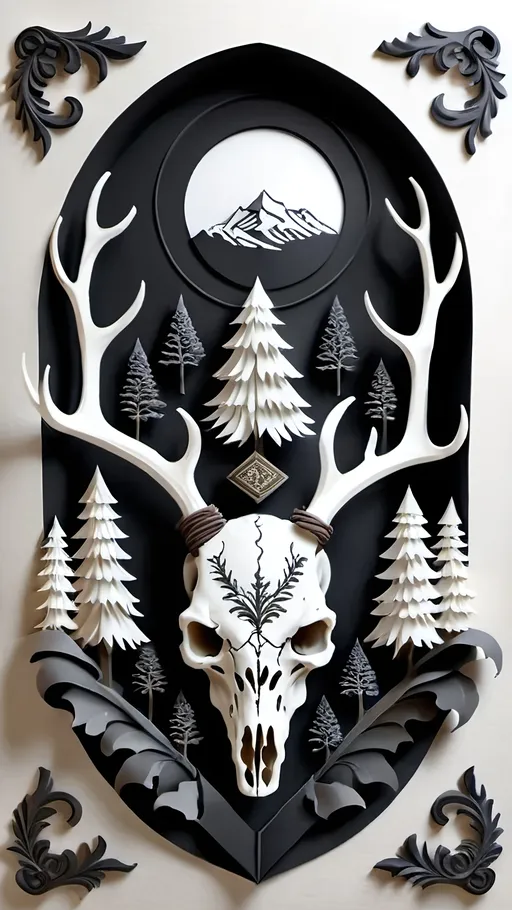 Prompt: black and white, a dark vintage demon deer skull, crest, winter, mountains, ornament