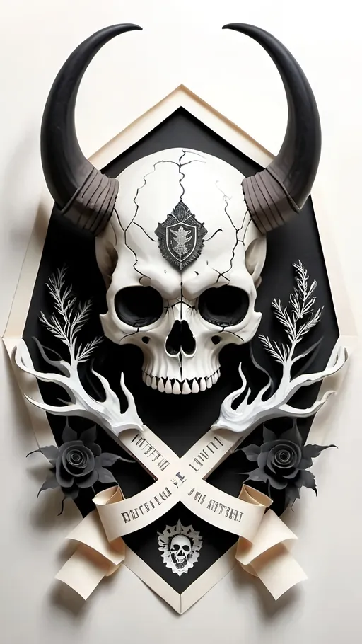 Prompt: black and white, a dark vintage demon skull, crest, winter