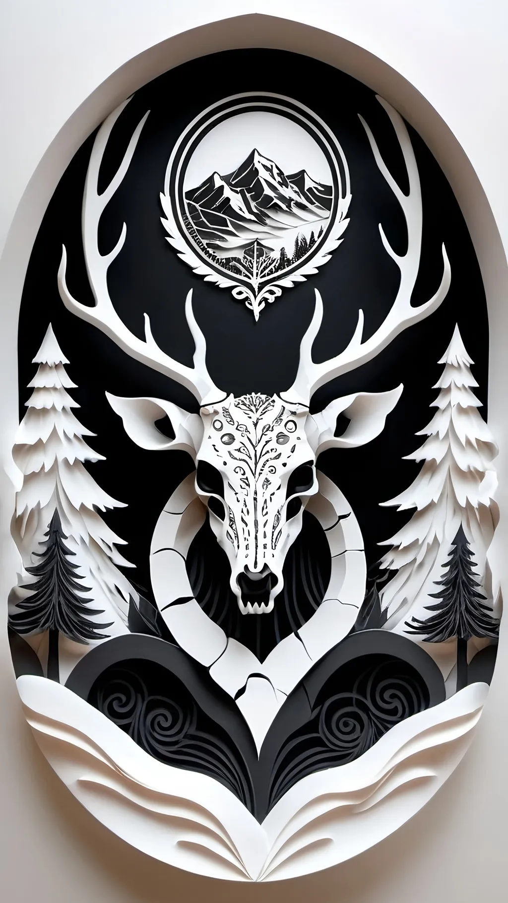 Prompt: black and white, a dark vintage demon deer skull, winter, mountains, ornamental