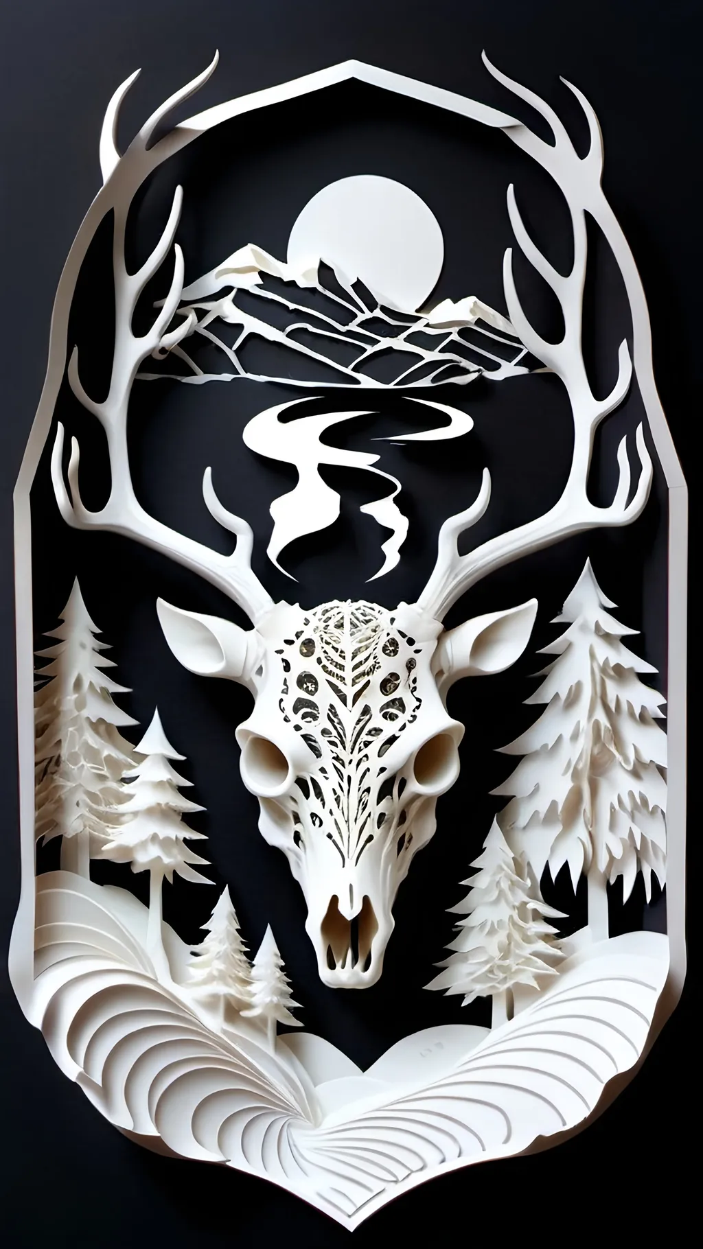 Prompt: black and white, a dark vintage demon deer skull, winter, mountains, ornament