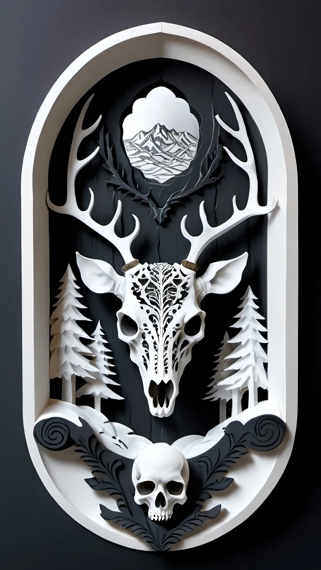 Prompt: black and white, a dark vintage demon deer skull, winter, mountains, ornament