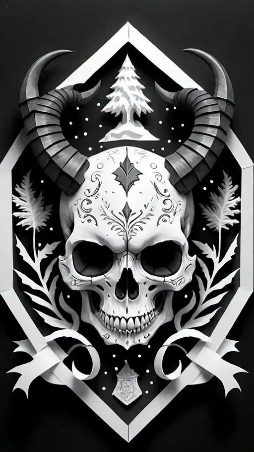 Prompt: black and white, a dark vintage demon skull, crest, winter